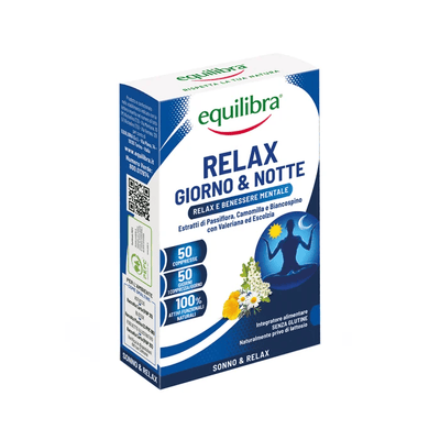 Equilibra Relax Giorno & Notte 50 tablečių – streso mažinimui ir miegui su pasiflora, valerijonu ir ramunėle