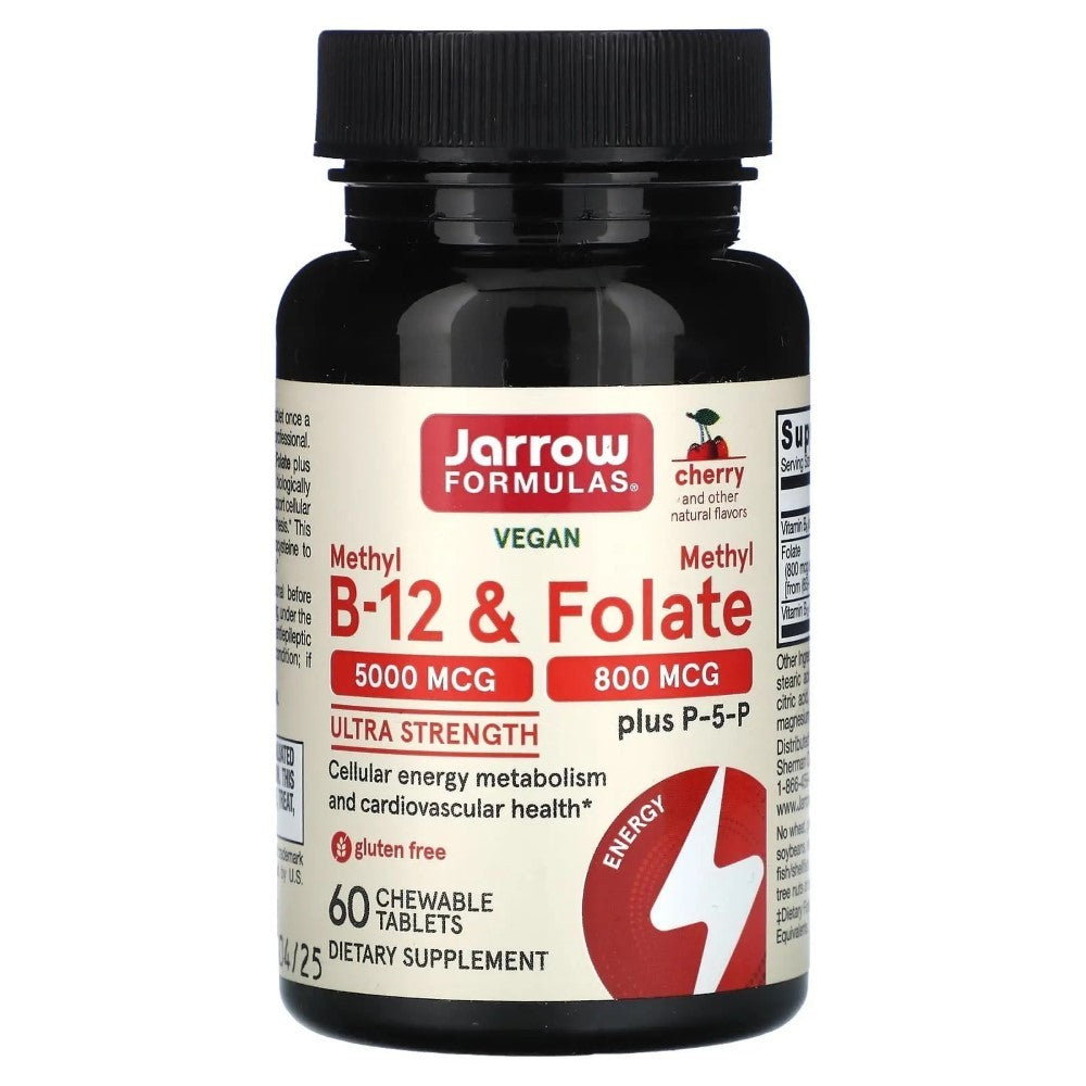 Jarrow Formulas Metil B-12 5000 mcg ir metilo folatas 800 mcg, vyšnių skonio - 60 pastilių