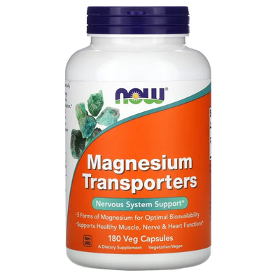 NOW Foods Magnesium Transporters 180 veg kapsulių – 5 magnio formos nervų sistemai ir raumenims